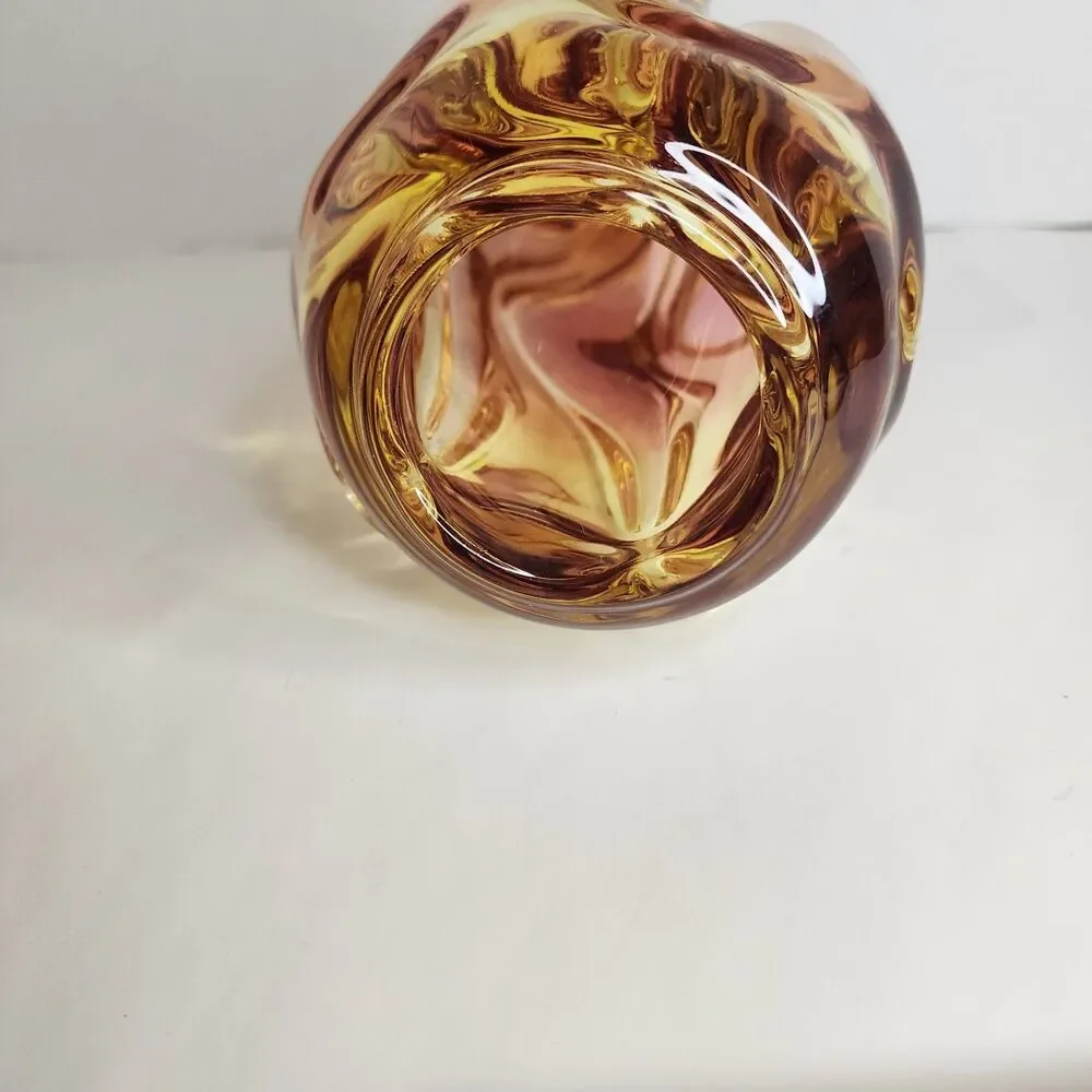 Vintage Hand Made Bohemia Glass Czech Republic Twisted Glass Vase Amber/Pink